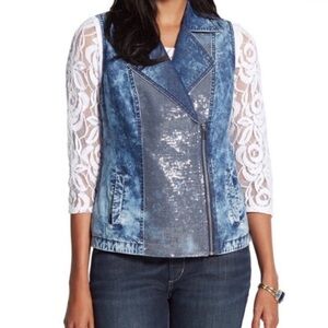 Chicos Blue Silver Sequin Denim Moto Side Zip Biker Vest Size 12